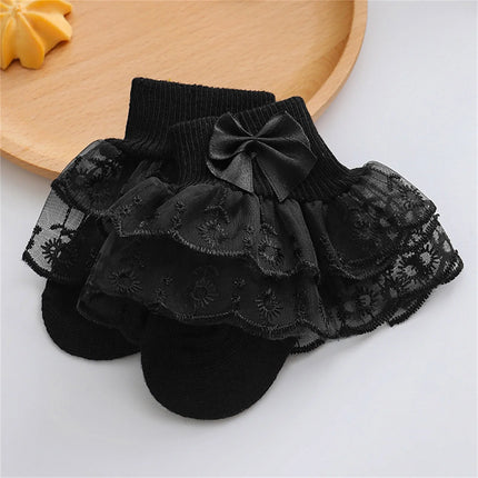 Pudcoco Infant Baby Girls Ruffle Lace Socks, Super Soft Infant Ankle Socks Princess Dress Socks with Bow 3M-2T