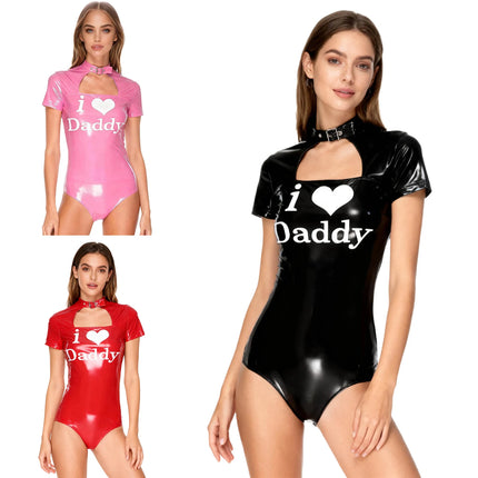 Womens Patent Leather Letter Printed Lingerie Bodysuit Wet Look Front Hollow Out Short Sleeve Openable Crotch Teddy Leotard