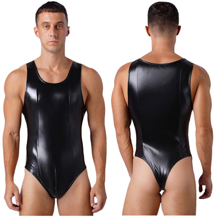 Mens Wet Look Faux Leather Tank Leotard Glossy Sleeveless High Cut Bulge Pouch Bodysuit Latex Wrestling Singlet Clubwear
