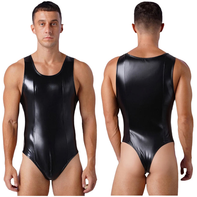 Mens Wet Look Faux Leather Tank Leotard Glossy Sleeveless High Cut Bulge Pouch Bodysuit Latex Wrestling Singlet Clubwear