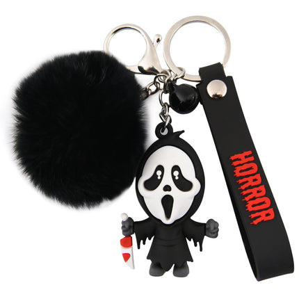 1pcs Creepy-Cute Horror Ghost Keychains With Black Fur Ball & Gothic Charm - Spooky Kawaii Keyring For Halloween Accessories