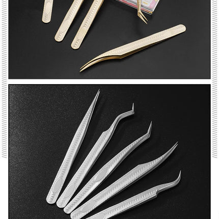 5PCS Eyelash Extension Tweezers Set Lash Applicator Tool Stainless Curved Straight For Eyelash false Clip Makeup Nail Art Tools