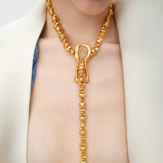 Fashion Women Plastic Beads With Alloy Lock Key Pendant Waist Chain Jewelry Elegant Sweater Long Necklace Accessories