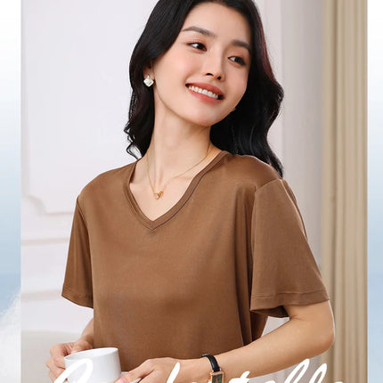 2026 Summer New Women's T-shirt V-neck Knitted Women's Short Sleeve High end Acetate Fiber White Fashion Women's Top