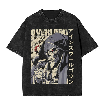 Vintage Washed Black OVERLORD Ainz Ooal Gown T-Shirt – Front Character Illustration with English Title & Japanese Name Text