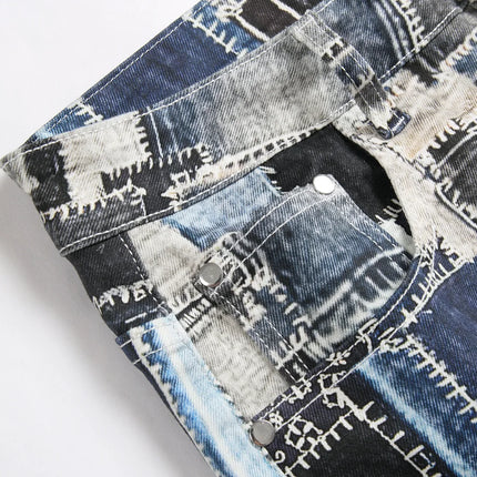 Best-selling Men's Stretch Jeans, Blue Checkered Denim Pants, Casual Trousers in Asian Sizes.