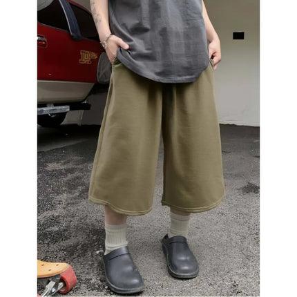 Men Solid Color Casual Capri Shorts Loose Wide Leg Baggy Mid Length Streetwear Daily Sports Pants