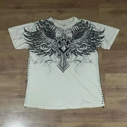 AFFICTION Red Goth Short Sleeves Men Women Vintage Cotton Couple Matching Hip Hop Streetwear Distressed Round Summer Grunge Tee