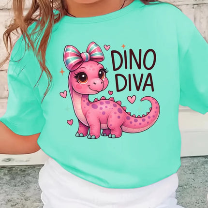 Girls' Kawaii Cartoon Dinosaur Graphic T-Shirt Cute Pink Bow Hearts Print T-Shirt Kids Short Sleeve Tee Y2k Children's Clothing