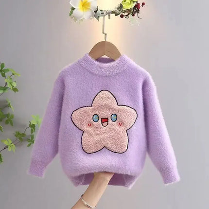 Star Pattern Sweater Girl Winter Cartoon Harajuku Furry Flocking Jumper Casual Loose Pullover Student New Knitted Clothes IY05318