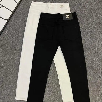 Classic White Cotton Solid Jeans Men's Slim-Fit Small Feet Casual Korean Trendy Versatile Black White Boyfriend Skinny Pants