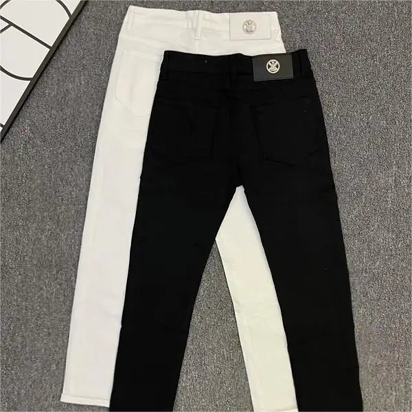 Classic White Cotton Solid Jeans Men's Slim-Fit Small Feet Casual Korean Trendy Versatile Black White Boyfriend Skinny Pants