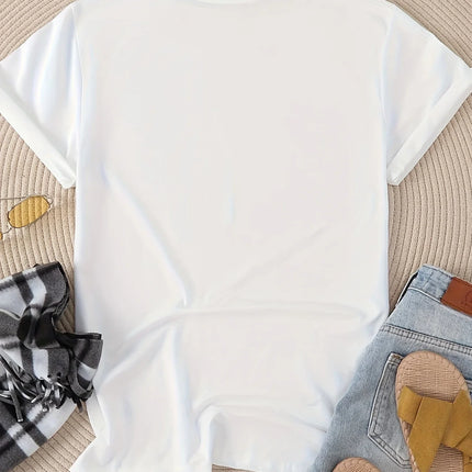 Funny Print Short Sleeve Regular Length Collection Casual Wear Women's Casual Crew Neck T-Shirt Harajuku with Heart Pattern