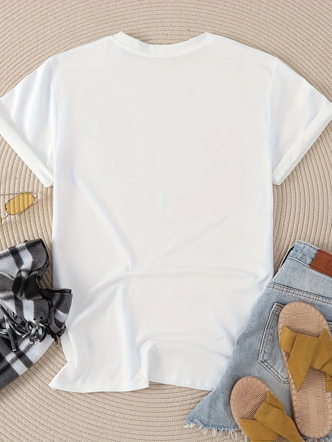 Funny Print Short Sleeve Regular Length Collection Casual Wear Women's Casual Crew Neck T-Shirt Harajuku with Heart Pattern