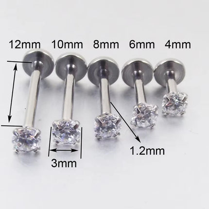 2PC Labret Tragus Stud Earrings 16G Surgical Stainless Steel CZ Crystal Monroe Helix Cartilage Conch Medusa Lip Body Piercing