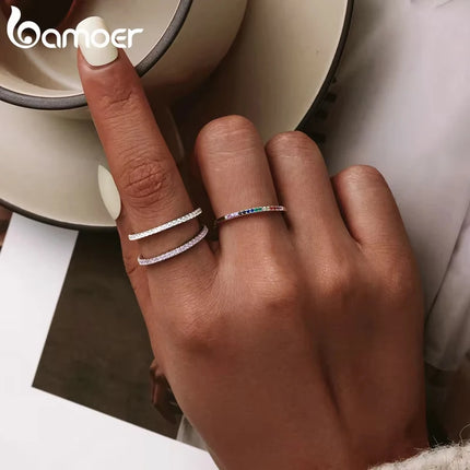 BAMOER White Gold Plated Solid 925 Sterling Silver CZ Simulated Diamond Stackable Ring Eternity Bands for Women