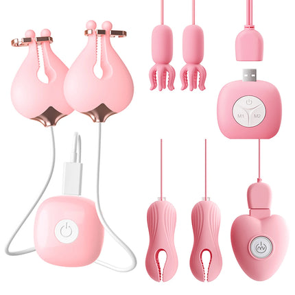 Wired vibrating breast clip multi-mode chest stimulator with remote control pink silicone nipple adult sex toy for women