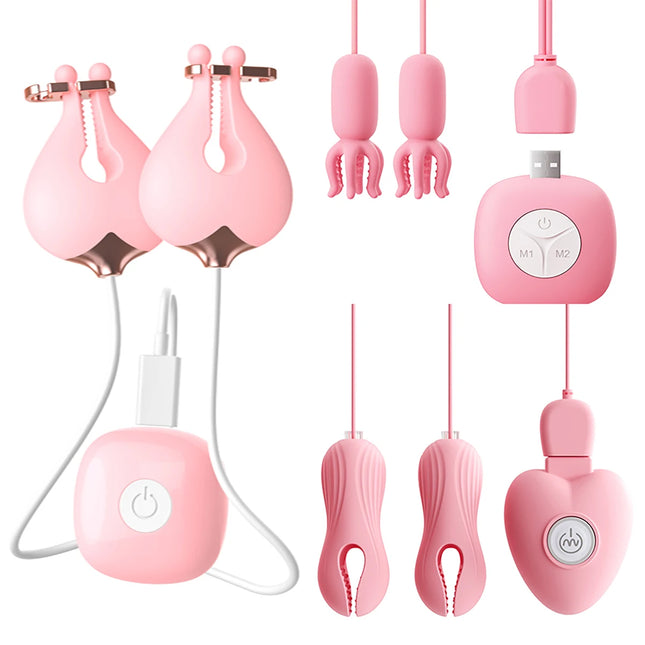 Wired vibrating breast clip multi-mode chest stimulator with remote control pink silicone nipple adult sex toy for women