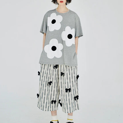 imakokoni original applique pure cotton gray T-shirt pullover short-sleeved shirt casual loose large size summer female 223602