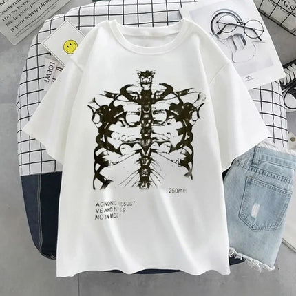 Geometric Pattern Print Harajuku Skeleton Women T-shirts Men Gothic Hip Hop Streetwear Black Goth Clothes Short Sleeve Top Y2k