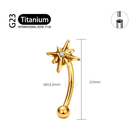ASTM F136 Titanium 16G CZ North Star Rook Earring 6mm 8mm 10mm 12mm Curved Barbell Eyebrow Cartilage Tragus Labret Piercing