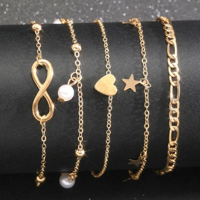 5pcs Boho 8 Charm Anklet Set for Women Vintage Pearl Butterfly Star Heart Pendant Chain Leg Jewelry for Summer Beach