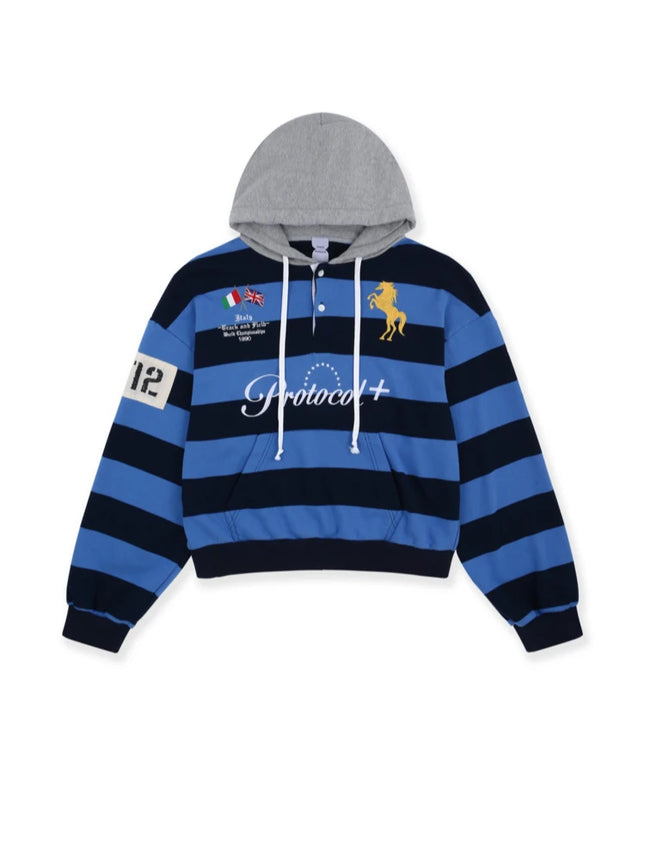 Preppy Style Striped Hooded Women's Contrasting Gray Hood Henry Collar Embroidered Casual Sportswear College Fashion Pullover