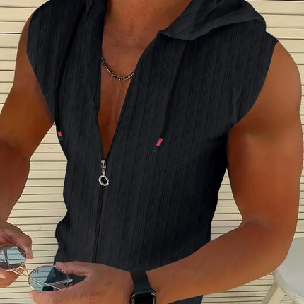 5 colors available for men's hooded sleeveless zipper plaid men's sportswear Slim fit breathable men's casual breathable shirt