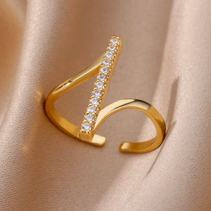 Zircon Geometric Rings For Women Gold Color Stainless Steel Opening Ring Luxury Wedding Party Aesthetic Jewelry Gift Femme 2024