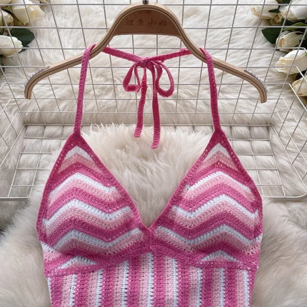 Beach Vacation Style Cami Top Women Design Sense Color Blocking Hook Flower Slim Fit Camisole Short Sexy Exposed Navel Crop Tops