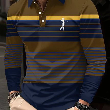 Men's long-sleeved striped polo shirt, men's high tie button, double-sided German velvet shirt for winter