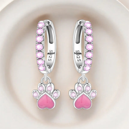 Hot Sale Original 925 Sterling Silver Zircon Pink Paw Print Earrings Heart Flower Leaf Design Women Party Jewelry Gift Ear Loops