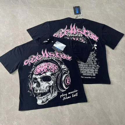 Retro Washed Loose Ex-Ort Sweet T-shirt Hell Star Skull Letter Print High Street Short Sleeve Summer Top for Men and Women