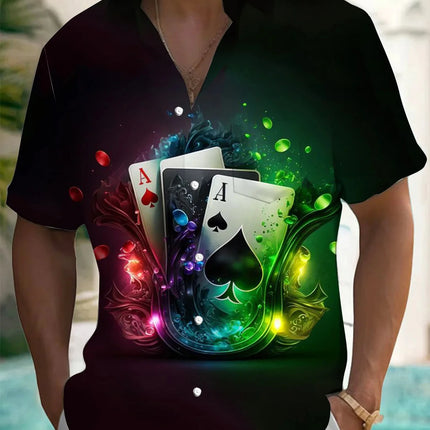 Men's Playing Cards and Dice Printed Short Sleeve Shirt Polyester Fabric Suitable for Summer Vacation and Casual Outing Shirts