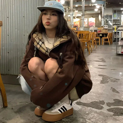 Brown Zip Up Hoodie Women  Autumn Lattice stitching Long Sleeve Casual Oversized Sweatshirt Solid Jacket Women Clothing