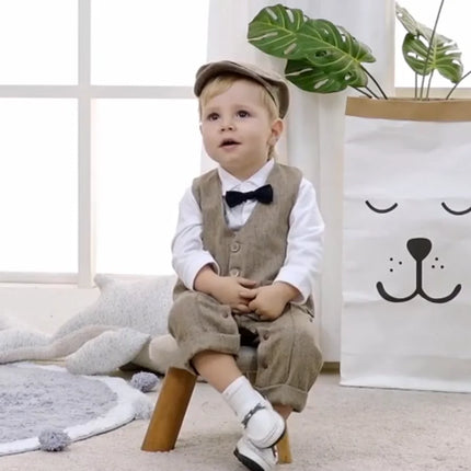 Newborn Baby Boy Formal Suit  Party Birthday Wedding Toddler Boys Outfit  Jumpsuit+Waistcoat+Beret+Bowtie+Suspender 0-3 Months