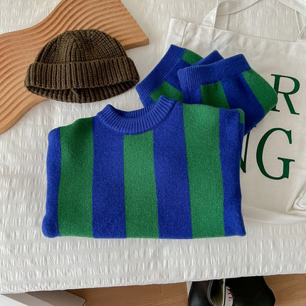 Korean Children's Sweater 2024 Spring New Boys and Girls Foreign Style Striped Knitted Sweater Set Brother and Sister Clothing