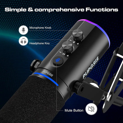 XLR/USB Podcast Microphone, Gaming Mic with Mute Button, Reverb Effects, Noise Cancellation, Boom Arm Stand, Headphones Jack