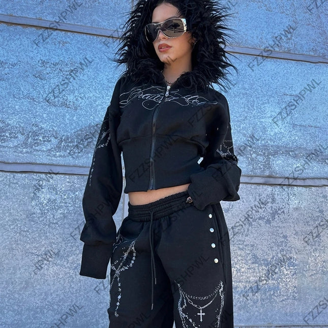 Hip Hop Streetwear Dark Faux Fur Collar Y2K Zip up hoodie Harajuku Graphic Print Punk Clothes Rock Goth Zipper Hoodie sweatshirt