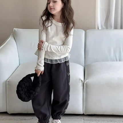 Girls Lace T-shirt 2024 Autumn New Slim Fit Girl Top Children Stylish Versatile High Elasticity Knitted Sweater