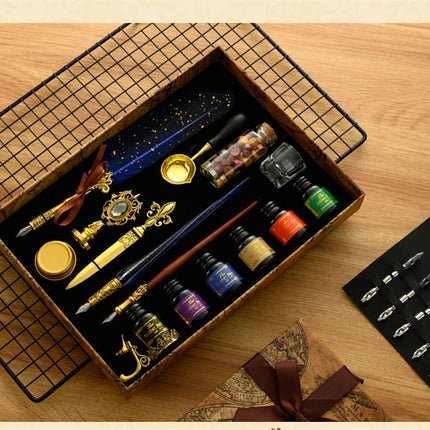 Luxury Fountain Pen Set, Retro Sprinkling Feather Pens Calligraphy Writing Dip Kit with Wax Seal Stamp & Replace Nibs, Gift Box