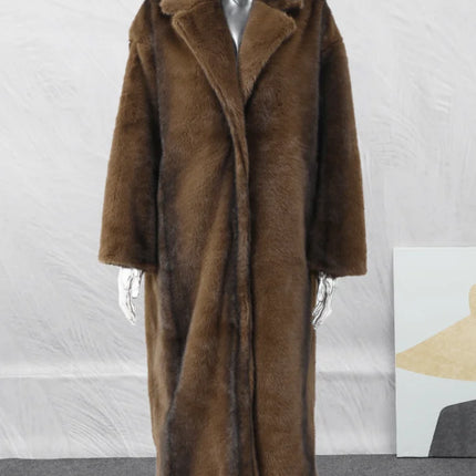 Women Solid Faux Fur Long Coat Lapel Long Sleeve Fluffy Luxury Loose Casual Outerwear 2025 Fashion Winter High Street Outerwear