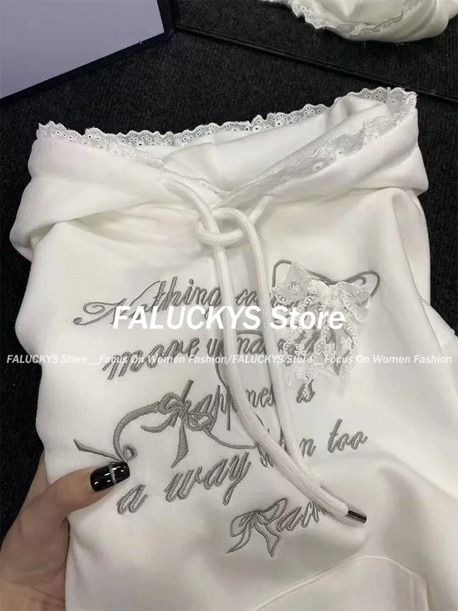 2025 Spring New Sweet Lace Splicing Embroidered Hoodie Women Clothing Plush Korean Fashion Chic Casual Sweatshirt Women Tops