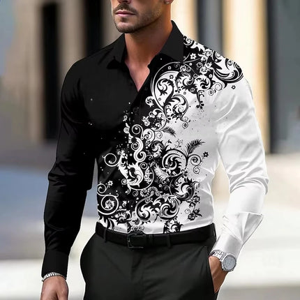 Men's Stylish Red Floral Print Dress Shirt - Casual Long Sleeve Button-Up Design Spring Fashion Shirt Floral Print Shirt