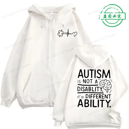 Autism Awareness Hoodie for Men Women, It's Not A Disability It's A Different Ability Zip Up Hoodies, Zipper Tracksuit Jackets