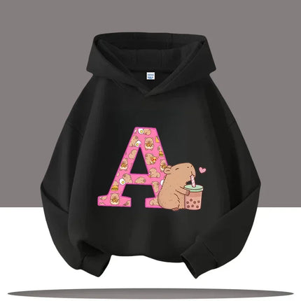 A-Z Kapibara cartoon printed children's hoodie, suitable for autumn outdoor casual tops for boys and girls, with hooded pullover