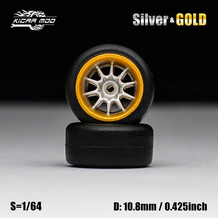 1/64 Model Car Gold and Silver Wheels with Fixed Rubber Tires Comes with Rivets for Diecast Model Refitting Parts for Hot Wheels