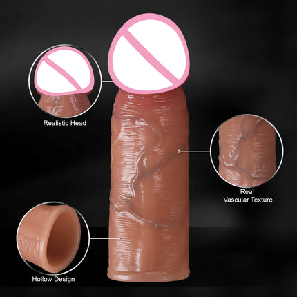 Hollow Penis Ring Male Soft Realistic Thicken Penis Sleeve Delay Ejculation Adult Sex Toys Penis Enlargenmen extender For Men
