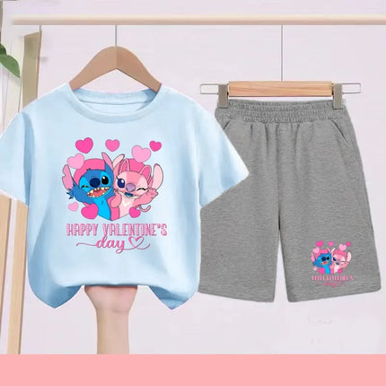 Disney 2026 Summer Round-neck Short-sleeved Set Girl Stitch Printed T-shirt Fashion Child Top+Shorts Casual Daily Sportswear Set
