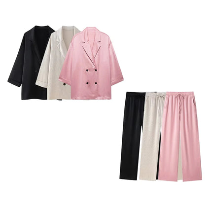Women's Double-Breasted Loose Blazer Coat and High Elastic Waist Wide Leg Pants, Female Two Piece Sets, Fashion